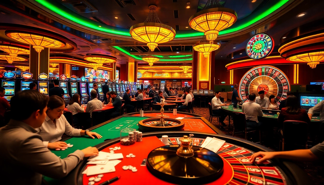 The lively atmosphere of new88 chính thức casino, featuring poker tables, colors, and excitement.